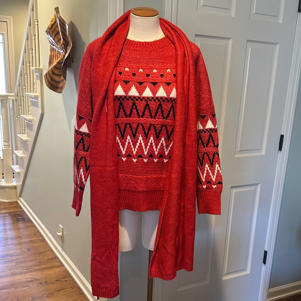 NWT Jones New York Red Geometric Pattern Sweater & Scarf Set Sz M